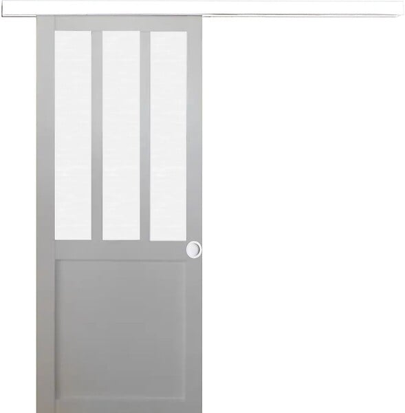 GD MENUISERIES - Porte Coulissante Atelier Blanc vitre depoli H204 x L73 cm, Rail alu Bandeau Blanc, Coquilles blanc - large