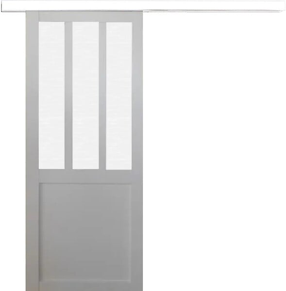GD MENUISERIES - Porte Coulissante Atelier Blanc vitre depoli H204 x L93 cm, Rail alu Bandeau Blanc - large