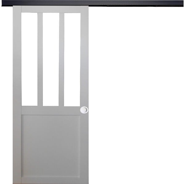 GD MENUISERIES - Porte Coulissante Atelier blanc H204 x L83 cm, Rail Alu bandeau noir, Coquilles blanc - large