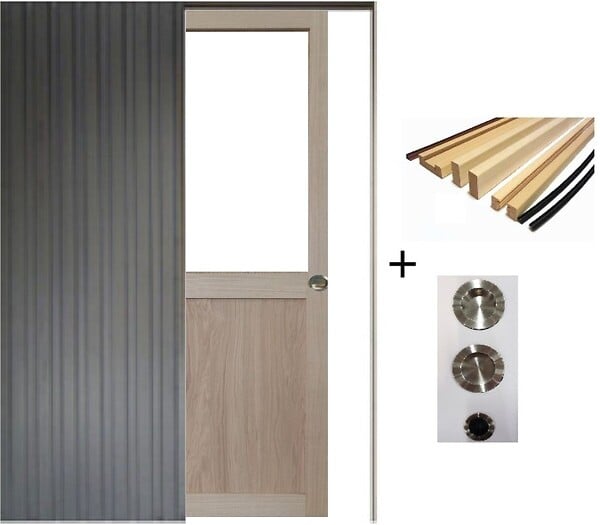 GD MENUISERIES - Porte Coulissante Atelier placage chene Vitrée H204 x L83 cm, Galandage, kit finition (coquille et tire doigt) - large