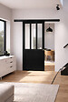 GD MENUISERIES - Porte Coulissante Atelier Noir H204 x L83 cm, Rail alu Bandeau Noir, Coquilles - vignette