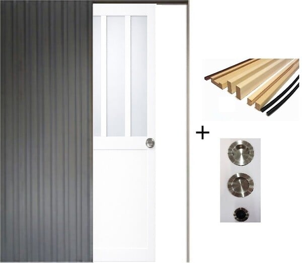 GD MENUISERIES - Porte Coulissante Atelier Blanc vitre depoli H204 x L73 cm, Galandage, kit finition (coquille et tire doigt) - large