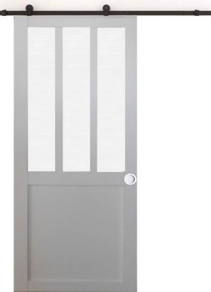 GD MENUISERIES - Porte Coulissante Atelier blanc vitre depoli H204 x L83 cm, Rail Roulettes, Coquilles blanc - large