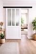 GD MENUISERIES - Porte Coulissante Atelier blanc vitre depoli H204 x L93 cm, Rail Alu bandeau noir, Coquilles blanc - vignette