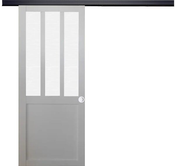 GD MENUISERIES - Porte Coulissante Atelier blanc vitre depoli H204 x L93 cm, Rail Alu bandeau noir, Coquilles blanc - large