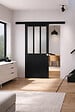 GD MENUISERIES - Porte Coulissante Atelier Noir vitre depoli H204 x L93 cm, Rail alu Bandeau Noir, Coquilles - vignette