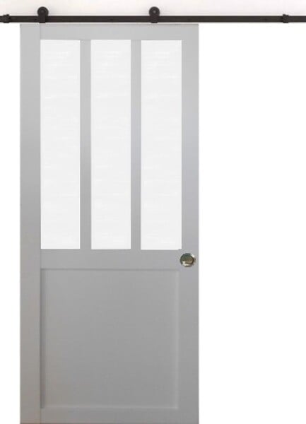 GD MENUISERIES - Porte Coulissante Atelier blanc vitre depoli H204 x L93 cm, Rail Roulettes, Coquilles - large