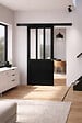 GD MENUISERIES - Porte Coulissante Atelier Noir H204 x L93 cm, Rail alu Bandeau Noir, Coquilles - vignette