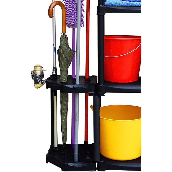 ARTPLAST - Étagère de Rangement 4 niveaux + Porte-Balai Noir Polypropylène Résistant Garage Buanderie Art Plast - large