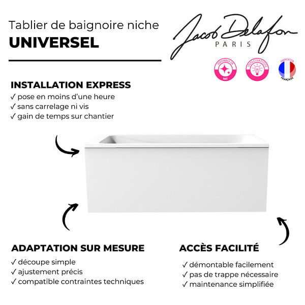 JACOB DELAFON - Tablier frontal blanc mat pour baignoire rectangulaire 180 x 60 cm installation niche - large
