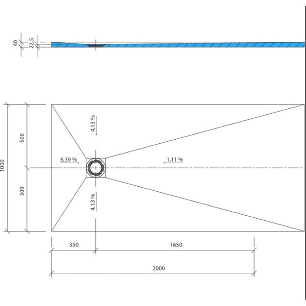 WEDI - Receveur de douche à carreler 200 x 100 Fundo Primo rectangle écoulement excentré + bonde horizontale + kit d'étanchéité - large