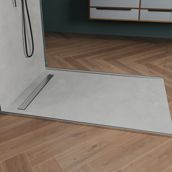 U-TILE - Receveur à carreler U-Tile mono pente et grille caniveau inox excentrée - large
