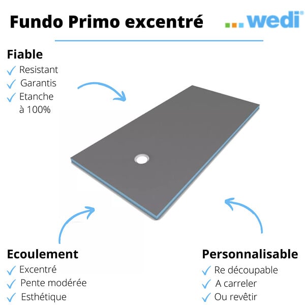 WEDI - Receveur de douche à carreler 180 x 90 Fundo Primo rectangle écoulement excentré + bonde horizontale + kit d'étanchéité - large