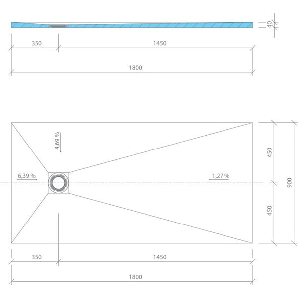 WEDI - Receveur de douche à carreler 180 x 90 Fundo Primo rectangle écoulement excentré + bonde horizontale + kit d'étanchéité - large