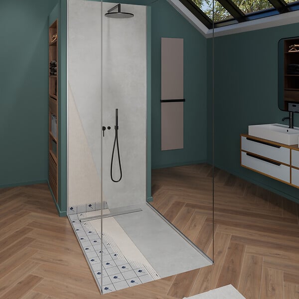 U-TILE - Receveur à carreler U-Tile mono pente et grille caniveau inox excentrée - large