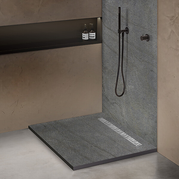 U-TILE - Receveur pierre naturelle ardoise claire 100 x 100 cm - grille caniveau acier excentrée - large