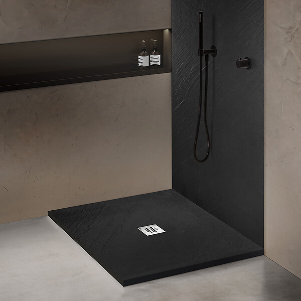 U-TILE - Receveur pierre naturelle graphite noir 100 x 100 cm - grille carrée centrée - large
