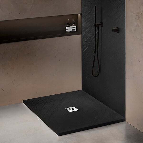 U-TILE - Receveur pierre naturelle graphite noir 90 x 90 cm - grille carrée centrée - large