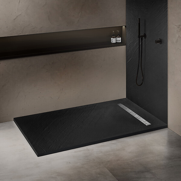 MARMOX - Receveur pierre naturelle graphite noir U-Tile grille caniveau acier excentrée - large