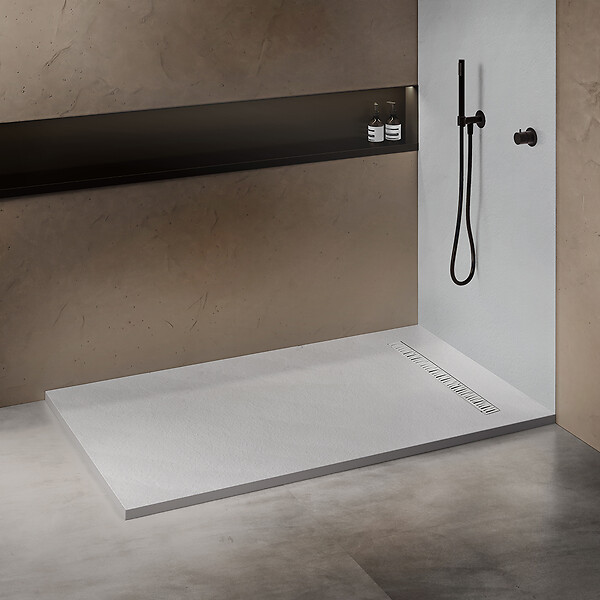 U-TILE - Receveur résine 150 x 100 cm blanc effet granit - grille caniveau excentrée - large