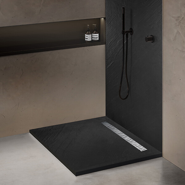 MARMOX - Receveur pierre naturelle graphite noir U-Tile grille caniveau excentrée - large