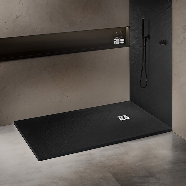 MARMOX - Receveur pierre naturelle graphite noir U-Tile grille carrée acier excentrée - large