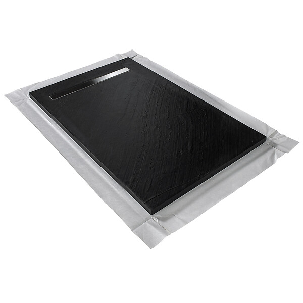 MARMOX - Receveur pierre naturelle graphite noir U-Tile grille caniveau acier excentrée - large