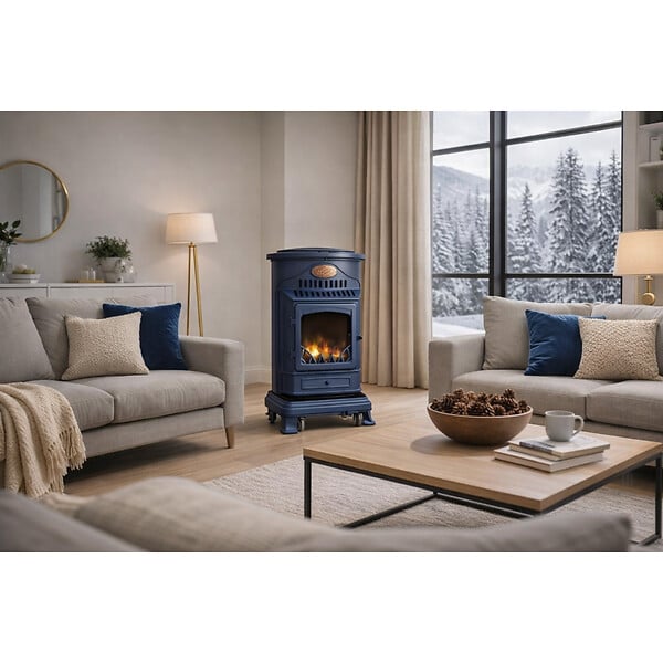 SAHARA - Poele à gaz 3,4KW Bleu Saphir Mat Effet poêle à bois Fonte véritable + Tuyau gaz + détendeur butane Provence Sahara - large