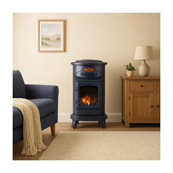 SAHARA - Poele à gaz 3,4KW Bleu Saphir Mat Effet poêle à bois Fonte véritable + Tuyau gaz + détendeur butane Provence Sahara - large