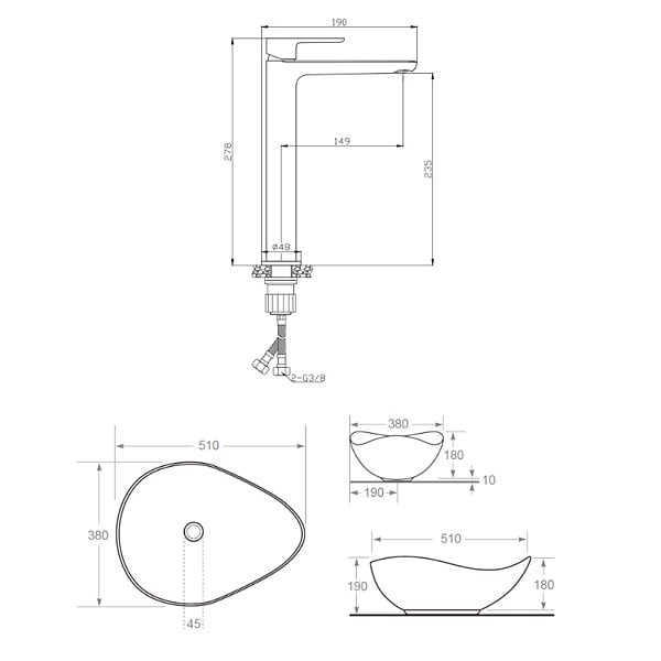 CERAMIA - PixL 51x38x19 cm vasque à poser + Swiss Aqua Technologies Mood mitigeur lavabo XL + Ceramia PixL bonde (CEPX505BKMSAT285C) - large