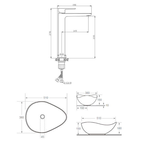 CERAMIA - PixL 51x38x19 cm vasque à poser + Swiss Aqua Technologies Mood mitigeur lavabo XL + Ceramia PixL bonde (CEPX505GEMSAT285C) - large