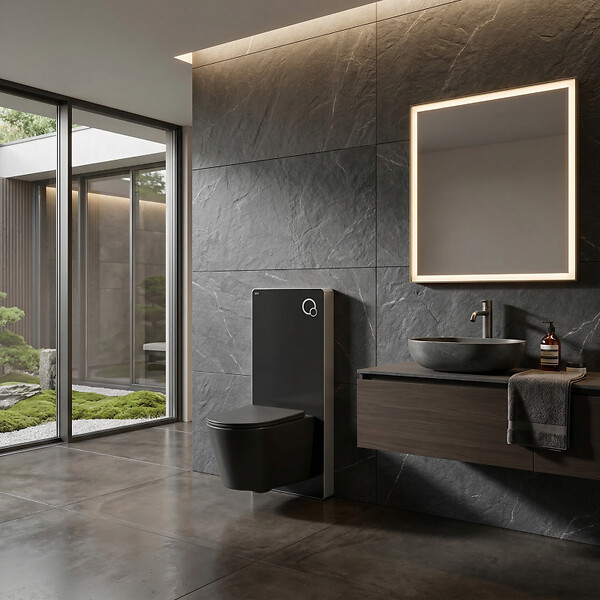 SWISS AQUA TECHNOLOGIES - Glass pack WC bâti-support avec plaque de commande + WC suspendu Ceramia sans bride avec abattant SoftClose (STGLBCE14BMT01-FR) - large