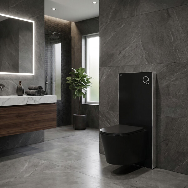 SWISS AQUA TECHNOLOGIES - Glass pack WC bâti-support avec plaque de commande + WC suspendu Ceramia sans bride avec abattant SoftClose (STGLBCE14BMT01-FR) - large