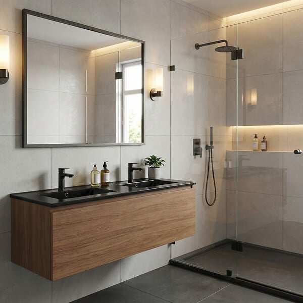 NATUREL - Naturel Lavabo double Modena noir mat 121×46×17,5 cm pour meuble 120 cm en céramique – 2 trous, avec trop-plein (M12046BKM) (M12046BKM) - large