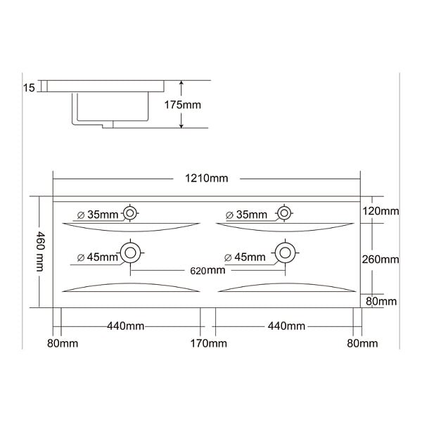 NATUREL - Naturel Lavabo double Modena noir mat 121×46×17,5 cm pour meuble 120 cm en céramique – 2 trous, avec trop-plein (M12046BKM) (M12046BKM) - large