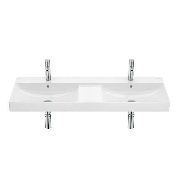ROCA - Ona 120x46x16 cm lavabo suspendu double vasque en céramique, 2 trous de robinetterie au milieu, trop-plein, blanc (A32768B000) - large