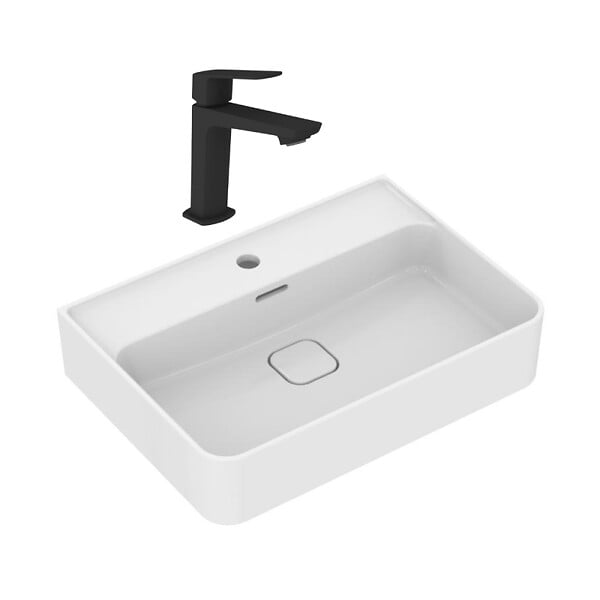 IDEAL STANDARD - Ideal Standard Strada II lavabo 600x430 mm 1 trou + Swiss Aqua Technologies mitigeur lavabo, sans tirette, noir mat (T300001SATBSL271C) - large