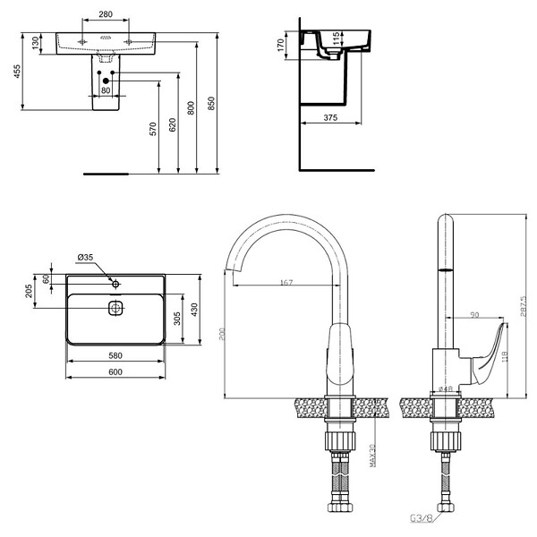 IDEAL STANDARD - Strada II lavabo 600x430 mm 1 trou + Siko S-Line Pro mitigeur avec bec tournant, noir (T300001SBSLPRO280C) - large