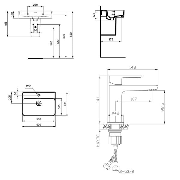 IDEAL STANDARD - Ideal Standard Strada II lavabo 600x430 mm 1 trou + Swiss Aqua Technologies Mood mitigeur lavabo sans tirette, noir mat (T300001SATBSM271C) - large