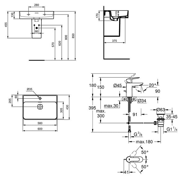 IDEAL STANDARD - Strada II lavabo 600x430 mm 1 trou + Grohe mitigeur monocommande lavabo taille S, chrome (T300001G23328000) - large