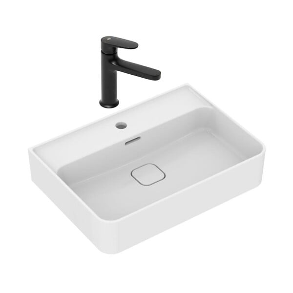 IDEAL STANDARD - Strada II lavabo 600x430 mm 1 trou + Swiss Aqua Technologies mitigeur de lavabo sans tirette, noir mat (T300001SATBSD271PC) - large