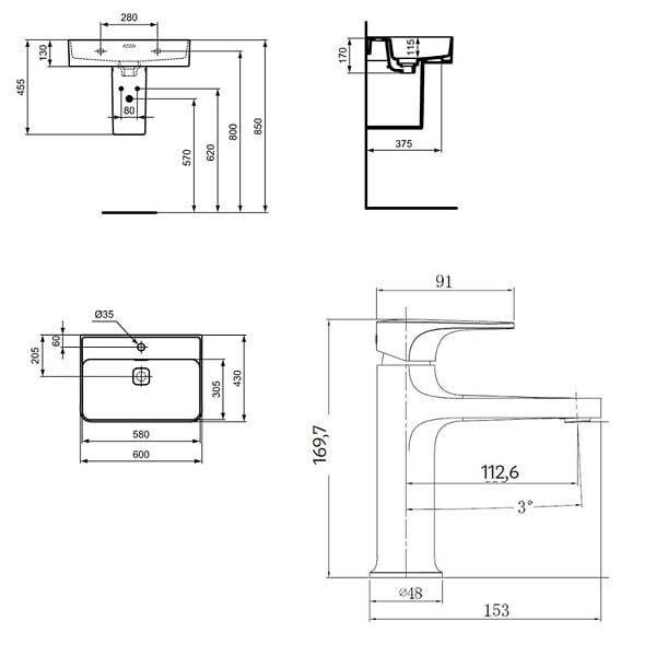 IDEAL STANDARD - Strada II lavabo 600x430 mm 1 trou + Swiss Aqua Technologies mitigeur de lavabo sans tirette, noir mat (T300001SATBSD271PC) - large