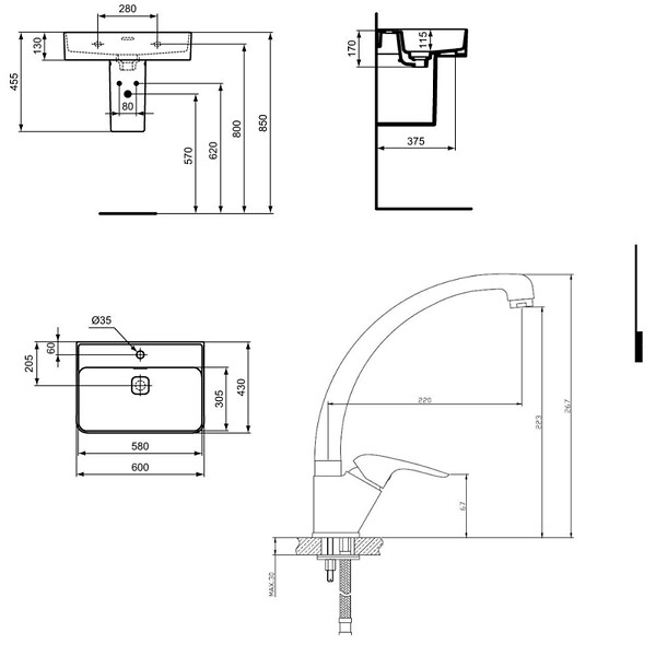 IDEAL STANDARD - Strada II lavabo 600x430 mm 1 trou + Ideal Standard S-Line Pro mitigeur avec bec pivotant, chrome (T300001SBSLPRO281) - large