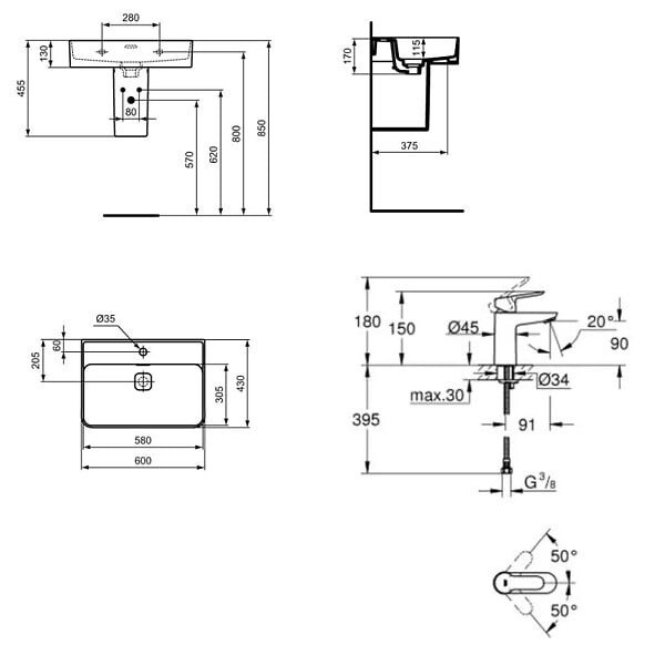 IDEAL STANDARD - Ideal Standard Strada II lavabo 600x430 mm 1 trou + Grohe mitigeur monocommande, 1/2" pour lavabo taille S, chrome (T300001G23330000) - large