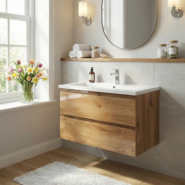 SWISS AQUA TECHNOLOGIES - Meuble salle de bain suspendu 99 x 50 x 45 cm – 2 tiroirs – lavabo en marbre coulé – chêne mat – B-Way (BWAY2100OAKU) - large