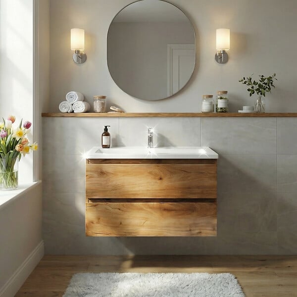SWISS AQUA TECHNOLOGIES - Meuble salle de bain suspendu 99 x 50 x 45 cm – 2 tiroirs – lavabo en marbre coulé – chêne mat – B-Way (BWAY2100OAKU) - large