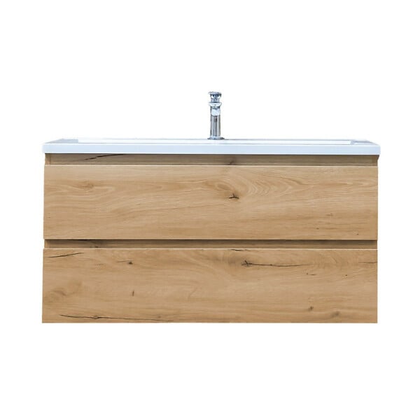 SWISS AQUA TECHNOLOGIES - Meuble salle de bain suspendu 99 x 50 x 45 cm – 2 tiroirs – lavabo en marbre coulé – chêne mat – B-Way (BWAY2100OAKU) - large