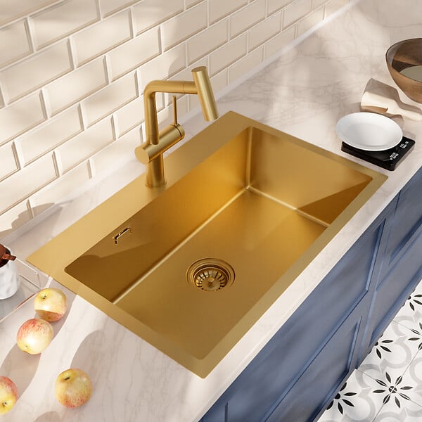 CERAMIA - Timeless 68x45x21 cm évier encastrable en inox 304 + mitigeur inox avec douchette extractible, or brossé (TMLKST-6845BG-M1) - large