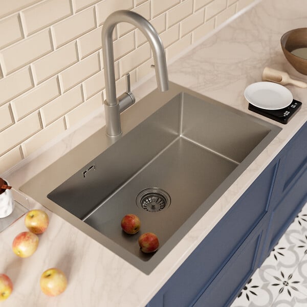 CERAMIA - Timeless 68x45x21 cm évier encastrable inox 304 + mitigeur inox avec douchette extractible, gun metal brossé (TMLKST-6845BGM-M2) - large