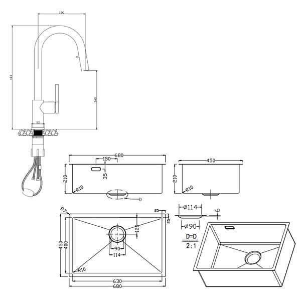 CERAMIA - Timeless 68x45x21 cm évier sous plan en inox 304 + mitigeur inox avec douchette extractible, or brossé (TMLKSU-6845BG-M2) - large